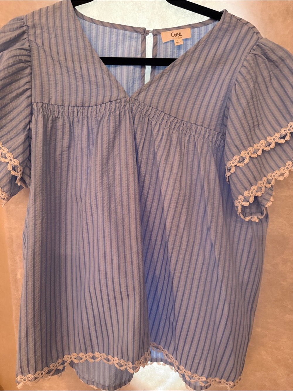 Odette Light Blue Striped V-Neck Peasant Top with Cream Lace